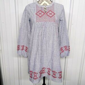 Hayden Girls Blue & White Stripped Boho Dress w/ Red Geometric Embroidery 13/14